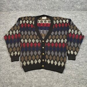 Mondo Vintage Made in Italy Diamond Knit Cardigan Sweater Mens Large Black Red